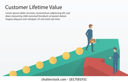 CLV or LCV - Customer Lifetime Value. business concept.Two client of different business value,Long-term customers have more frequency and spend,arrow green and red,Vector illustration.