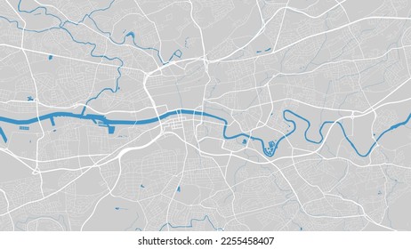 Mapa del río Clyde, ciudad de Glasgow, Escocia. Curso de agua, flujo de agua, azul sobre la hoja de ruta de fondo gris. Ilustración vectorial, silueta detallada.