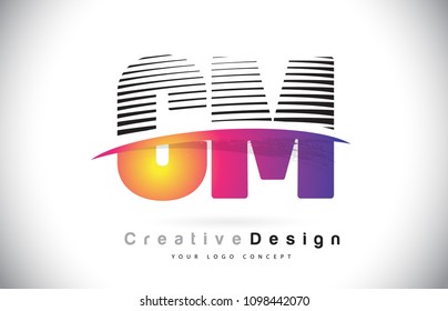 CM C M Letter Logo Design With Creative Lines and Swosh in Purple Brush Color Vector Illustration.
