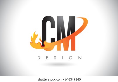 CM C M Letter Logo Design with Fire Flames and Orange Swoosh Vector Illustration.