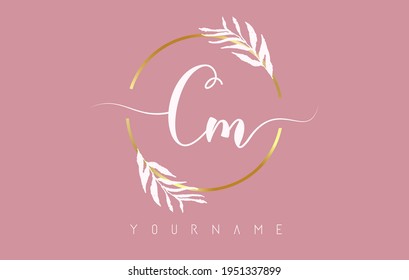 Cm c m Letters logo design with golden circle and white leaves on branches around. Vector Illustration with C and m letters for personal branding, business, eco friendly or natural products. 