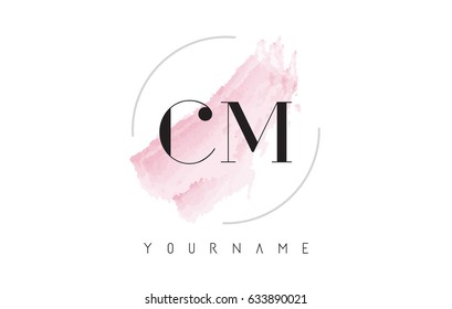 CM C M Watercolor Letter Logo Design with Circular Shape and Pastel Pink Brush.