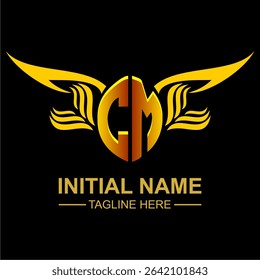 CM Golden Wing Emblem Logo with elegant gold wings, sleek and modern design. Ideal for branding, creative projects, luxury businesses, or artistic ventures.