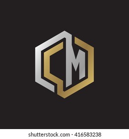 CM initial letters loop linked hexagon elegant logo golden silver black background