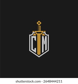 Monograma inicial CM para imagem em estilo escudo e espada