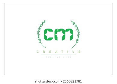 CM letters eco logo with leaf. Fresh nature and healthy leaf logo design.