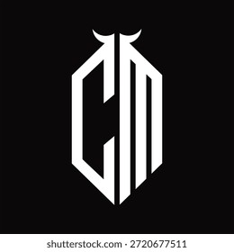 CM Logo monograma con forma de cuerno aislado Plantilla de diseño en blanco y negro sobre fondo negro