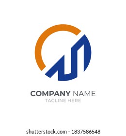CM monogram letter logo. Letter C and letter M flat logo design in circle shape with orange and blue color