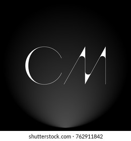 CM White thin minimalist LOGO Design with Highlight on Black Background.