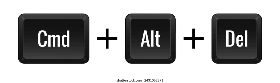 Cmd Alt Del Key combination. Keyboard, command, control, computer, shortcut, laptop, functional, input device, peripheral, enter the text, typing, type, hotkeys, layout, language, qwerty. Vector