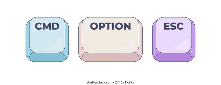 CMD Option ESC computer keyboard shortcut. Forced quit function to close unresponsive frozen application. Hotkey combo buttons for pc and laptop. Fast software efficiency. Flat vector illustration