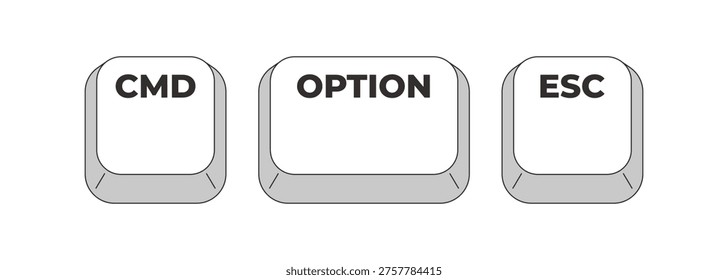 CMD Option ESC grayscale keyboard hotkey. Forced quit function to close unresponsive frozen application. Minimal shortcut keys. Monochrome combination buttons for productivity. Vector illustration