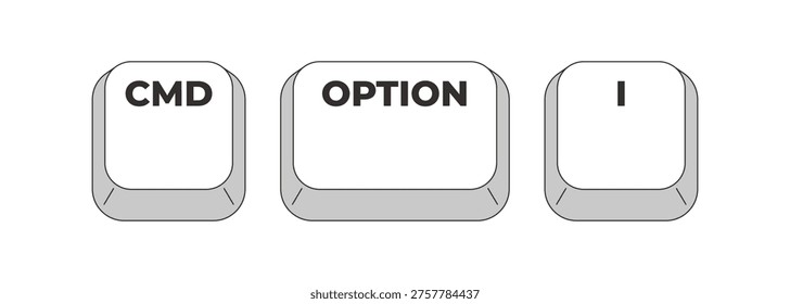 CMD Option I grayscale keyboard hotkey. Open browser developer tools. Inspect web page source code. Minimal shortcut keys. Monochrome combination buttons for productivity. Vector illustration