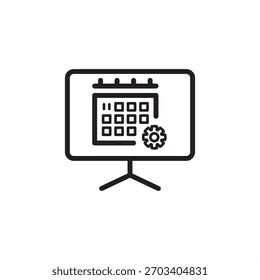 Icono de CMMS para el sistema de gestión de mantenimiento computarizado. Presenta un calendario y un engranaje en una pantalla, que simbolizan la programación, la planificación y la automatización de tareas para el seguimiento, el inventario y la gestión de activos.