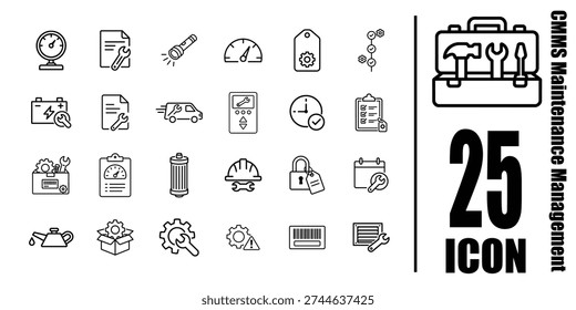 CMMS Maintenance Management black and white vector icon set CMMS Maintenance Management toolkit and equipment line icons
