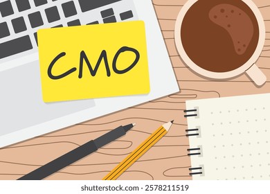 CMO (Chief Marketing Officer) written on a sticky note on office desk- vector illustration
