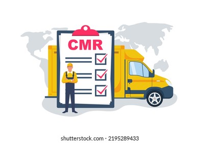 CMR concept. Shipping document. Logistics concept. Worldwide logistics. Distribution contract. Transport documents. Transportation regulation. Vector illustration flat design. Isolated background.