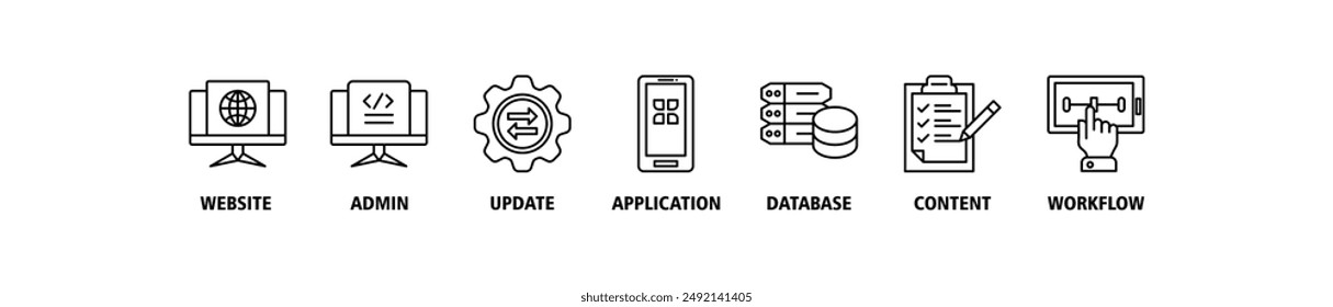 CMS banner web icon set vector symbol illustration concept of content management system with icon of website, admin, update, application, database, content and workflow