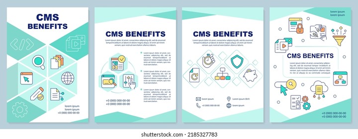 CMS benefits mint brochure template. Website development. Leaflet design with linear icons. Editable 4 vector layouts for presentation, annual reports. Arial-Black, Myriad Pro-Regular fonts used