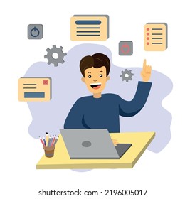 CMS Coder Concept. Man Programmer Develops User Friendly Interface. Vector Illustration In Flat Style.