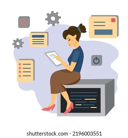 CMS Coder Concept. Woman Programmer Develops User Friendly Interface. Vector Illustration In Flat Style.