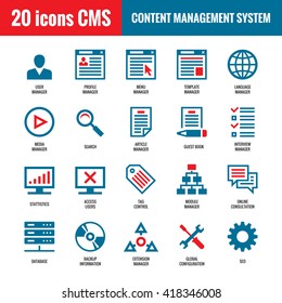 CMS - Content Management System - 20 vector icons. SEO - Search Engine Optimization signs. Website internet technology.  