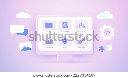 CMS - Content Management System 3D concept. Web site builder, cms security configuration, create and publish articles, administration, statistics and management software