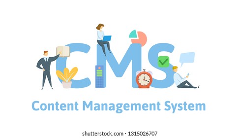 CMS, content management system. Concept with keywords, letters and icons. Colored flat vector illustration. Isolated on white background.