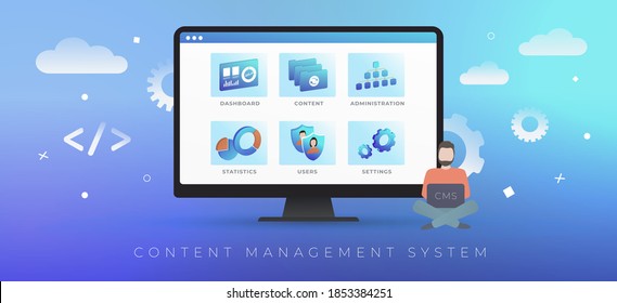 CMS - Content management system concept. Web site cms management software, create and publish articles, place widgets, edit and change design, administration, statistics, user configuration settings