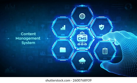 CMS. Content Management System concept. Website and document management, web development, digital solutions. Wireframe hand places an element into a composition visualizing SMS. Vector illustration.