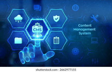 CMS. Content Management System concept. Website and document management, web development, and digital solutions. Data integration. Wireframe hand touching digital interface. Vector illustration.