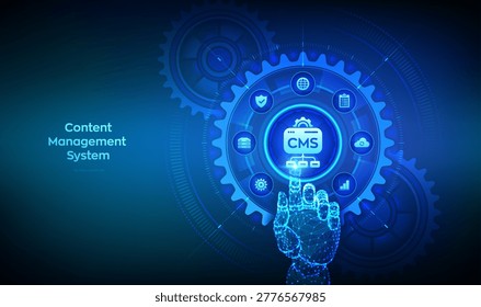 CMS. Content Management System concept. Data integration. Website and document management, web development. Hand touching digital interface with interconnected gears and icons. Vector illustration.