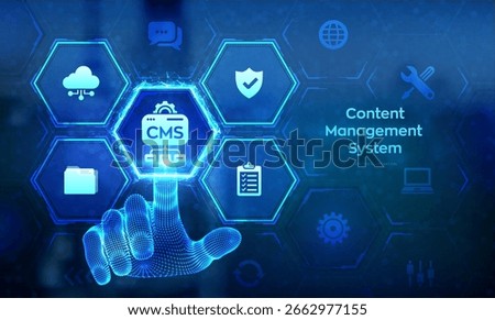 CMS. Content Management System concept. Website and document management, web development, and digital solutions. Data integration. Wireframe hand touching digital interface. Vector illustration.