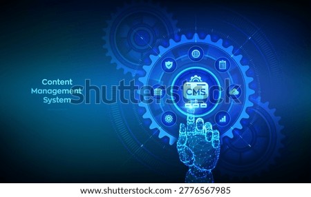 CMS. Content Management System concept. Data integration. Website and document management, web development. Hand touching digital interface with interconnected gears and icons. Vector illustration.