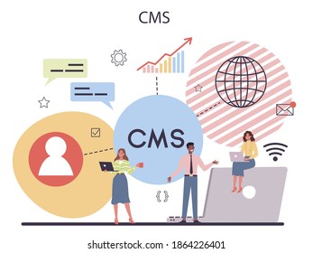 CMS. Sistema de administración de contenido. Creación y modificación de contenido digital. Idea de estrategia digital y contenido para la creación de redes sociales. Ilustración plana aislada