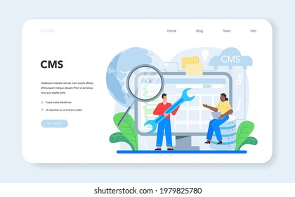 CMS. Content management system. Creation and modification of digital content. Idea of digital strategy and content for social network making. Isolated flat illustration