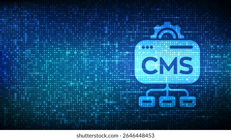 CMS Ícone do Sistema de Gerenciamento de Conteúdo criado com código binário. Gerenciamento de sites e documentos, desenvolvimento na Web e soluções digitais. Integração de dados. Fundo do código digital com dígitos 1.0. Vetor.