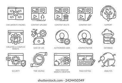 CMS, content management system icons, vector web technologies. Thin line website admin, laptop computer, upload, edit and delete content, social media administrator, software and database symbols