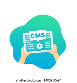 CMS, Content management system, tablet in hands, vector
