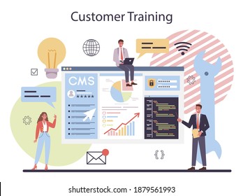 CMS customer training. Content management system. Creation and modification of digital content. Idea of digital strategy and content for social network making. Isolated flat illustration