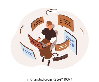 CMS development concept. Administration of content management system. Programmer developing, programming software. Online information flow. Flat vector illustration isolated on white background