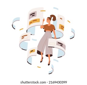 CMS development process concept. Work with content management system. Abstract software administration. Online information twirl, data flow. Flat vector illustration isolated on white background