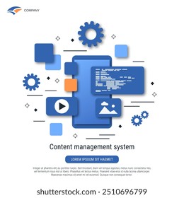 Desarrollo de CMS, codificación de programas, diseño de interfaz móvil ilustración de concepto de Vector plano