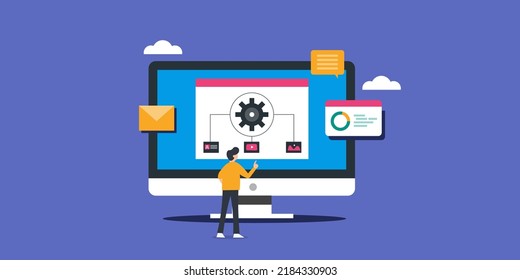 CMS Development, CMS Website Customization, Website Running On CMS Platform - Flat Design Vector Illustration With Icons And Character