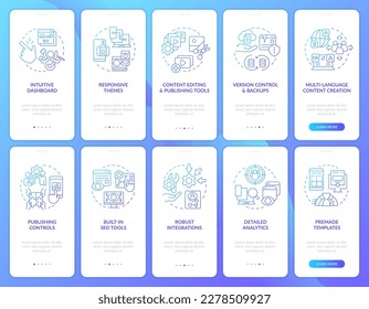 CMS functionalities blue gradient onboarding mobile app screen set. Walkthrough 5 steps graphic instructions with linear concepts. UI, UX, GUI template. Myriad Pro-Bold, Regular fonts used