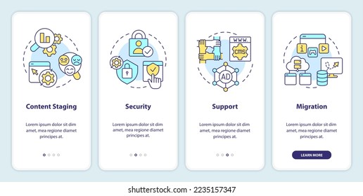 CMS functionality onboarding mobile app screen. Platform requirements walkthrough 4 steps editable graphic instructions with linear concepts. UI, UX, GUI template. Myriad Pro-Bold, Regular fonts used