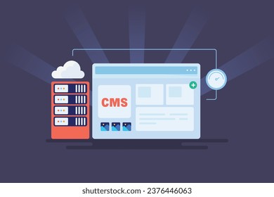 CMS hosting, content management system, Website hosting management, page speed optimization, Website database, cloud hosting - vector illustration with icons