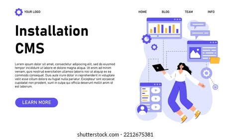 CMS installation web banner. Content management system. Creation and modification of digital content. Idea of digital strategy and content for social network.