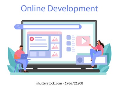 CMS introduction online service or platform. Content management system. Creation of digital content. Online development. Isolated flat illustration