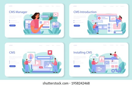 CMS introduction web banner or landing page set. Content management system.
